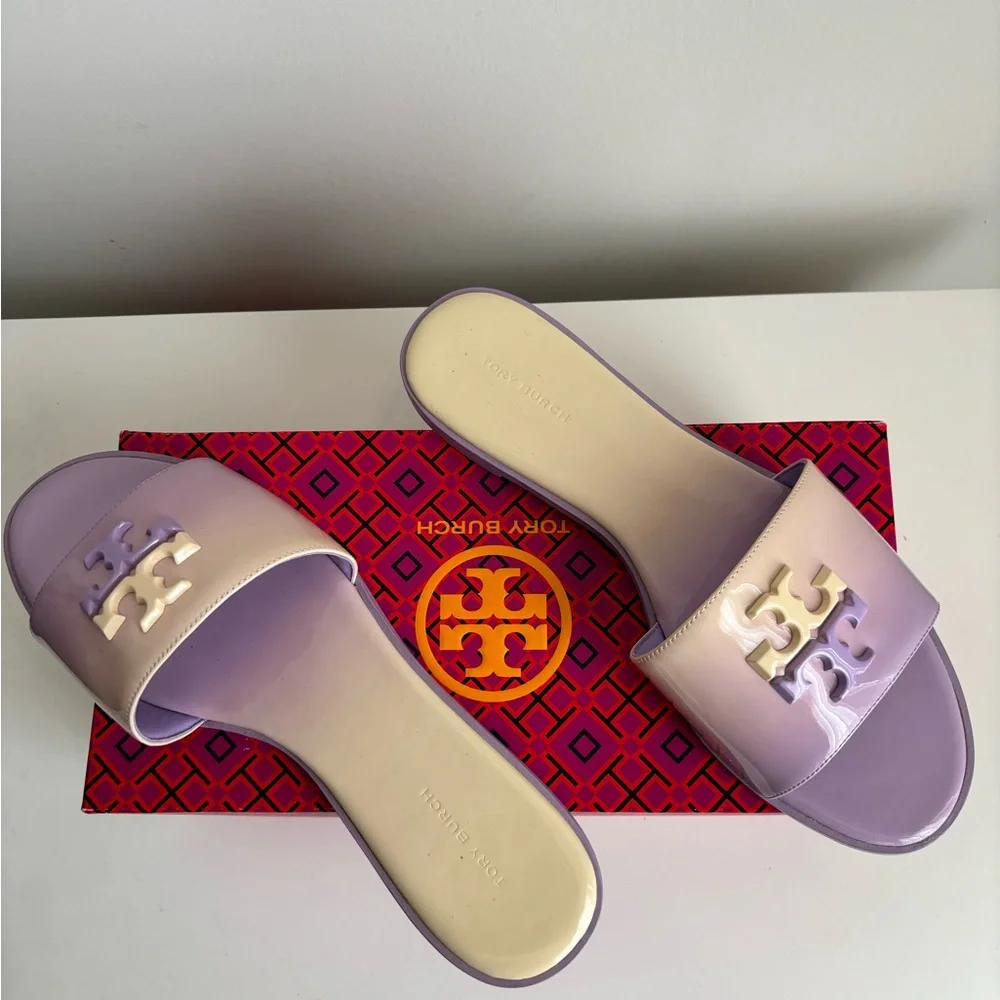 Tory Burch Everly Patent Slide Sandals - Sweet Corn/Lavender cloud - BRAND NEW.
